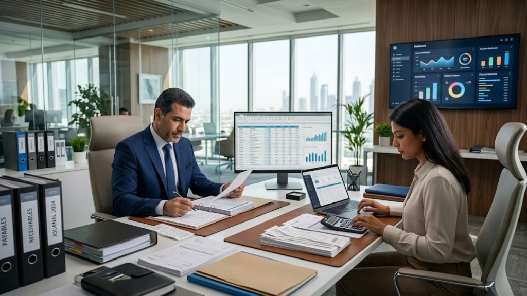Accounting team reviewing payables, receivables, and financial dashboards in a Dubai office