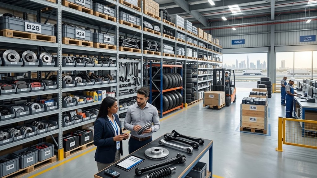 Auto spare parts warehouse with brake discs, labelled bins, and staff checking inventory in Dubai