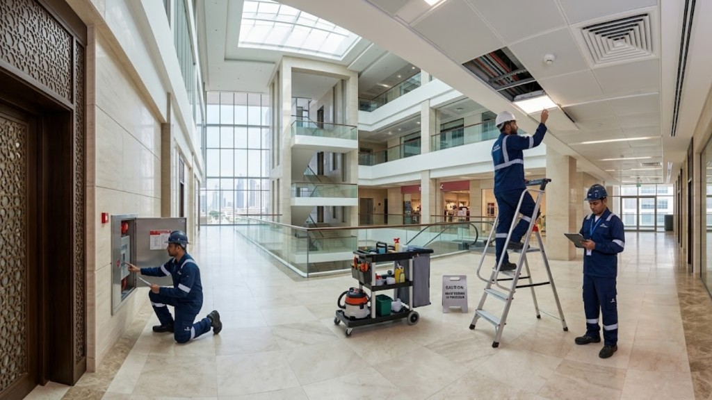 Facility technicians performing building maintenance in a modern atrium lobby