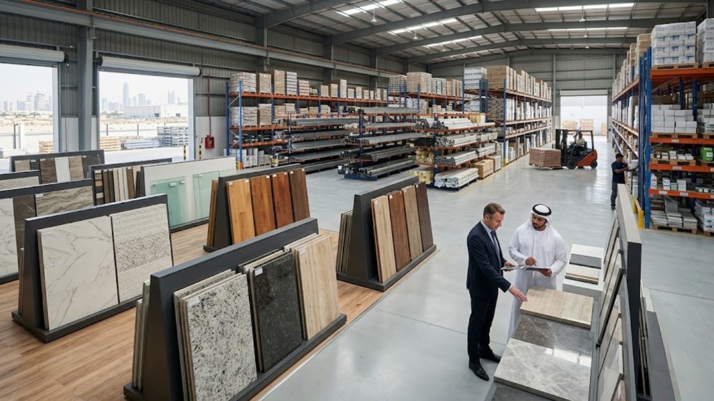 Building materials warehouse in Dubai with marble slabs, tile samples, and traders reviewing stock on a tablet
