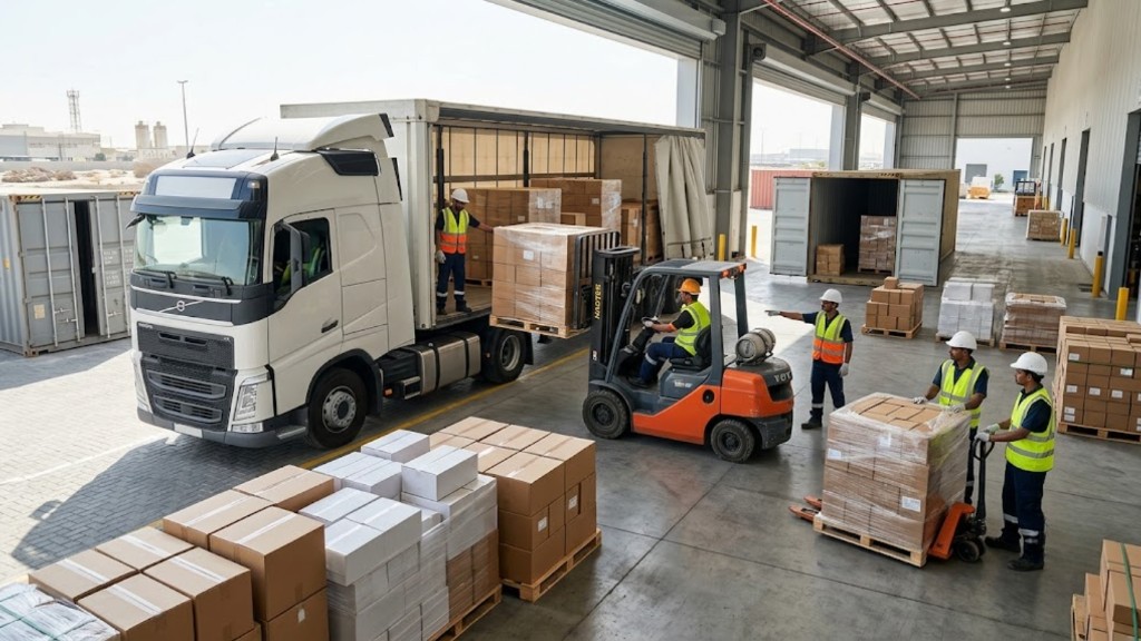 Cargo loading team unloading pallets from a truck with a forklift at a warehouse dock
