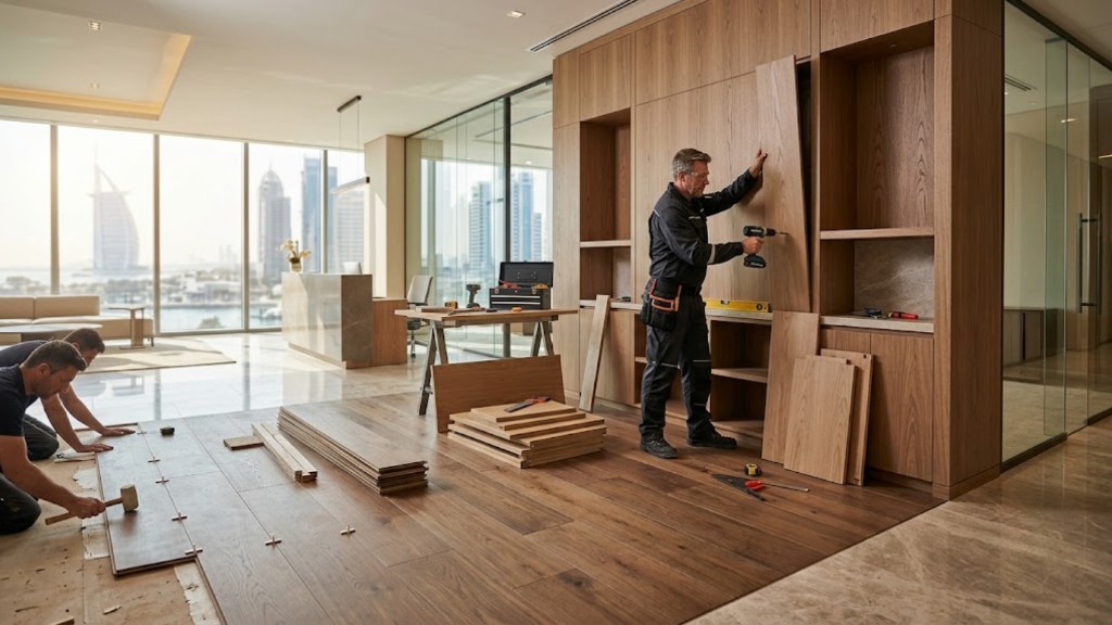 Carpenters installing wood flooring and cabinetry in a luxury Dubai interior