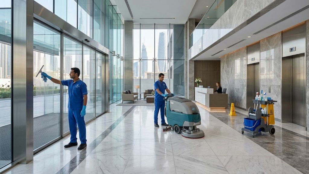 Professional cleaning team maintaining a modern Dubai corporate lobby