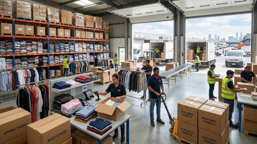 Apparel trading warehouse with garment racks, packing stations, and ready-made clothing prepared for shipment