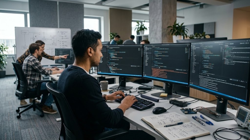 Computer programmer working across multiple code editors in a modern software development office
