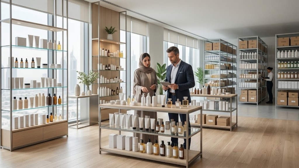 Cosmetics and personal care showroom with skincare displays and traders reviewing product inventory