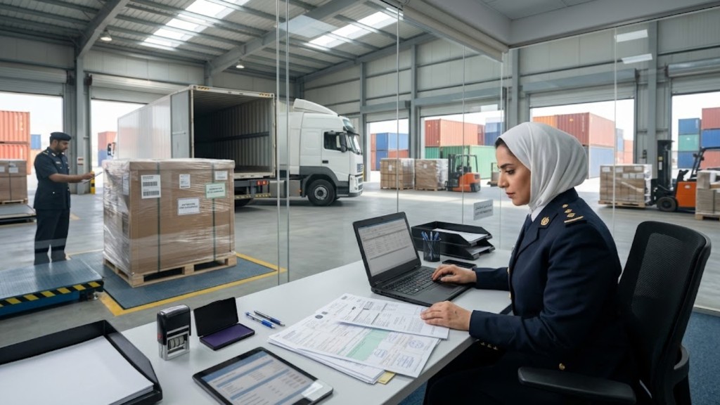Customs clearance officer reviewing shipment documents beside a warehouse loading bay