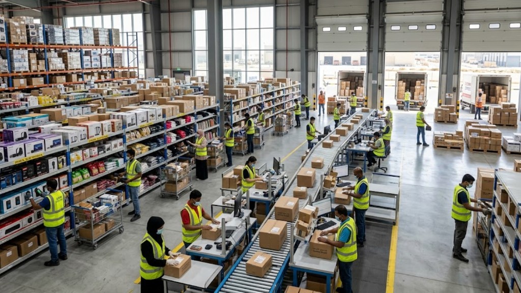 E-commerce fulfilment centre with workers packing orders along a conveyor and picking stock from warehouse shelves