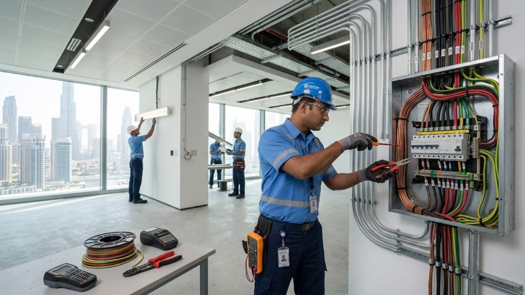 Electrician working on an electrical distribution panel in a modern Dubai office