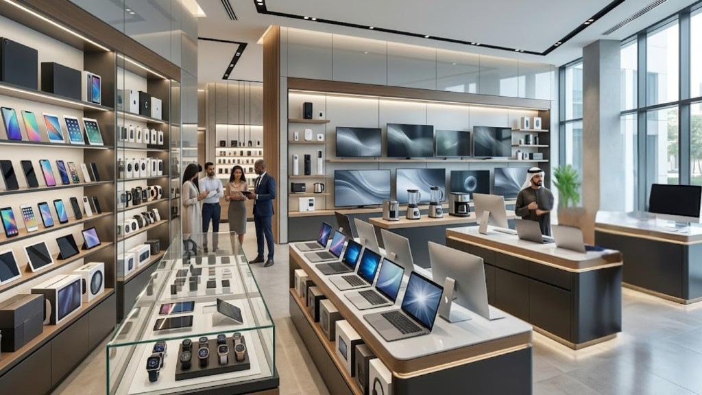 Modern electronics showroom displaying smartphones, laptops, and televisions with customers and staff