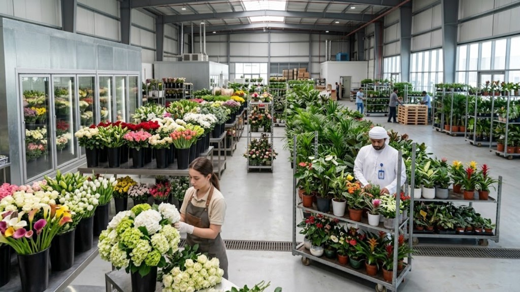 Flowers and plants trading warehouse with coolers, bouquets, and staff arranging floral inventory