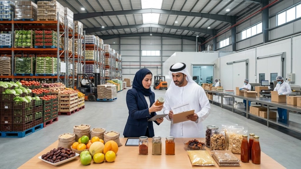 Foodstuff trading warehouse with dates, spices, produce, and quality inspection on a packing line