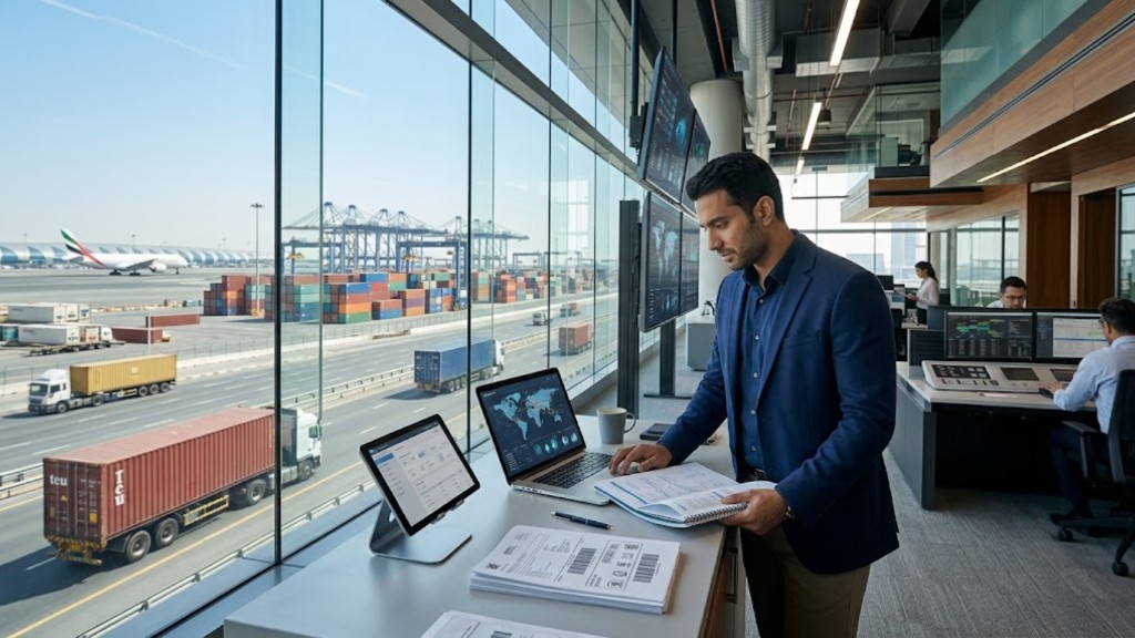 Freight forwarding control room overlooking airport, port cranes, and cargo trucks