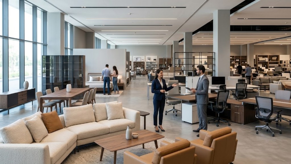 Furniture showroom with living, dining, and office displays and staff advising a client