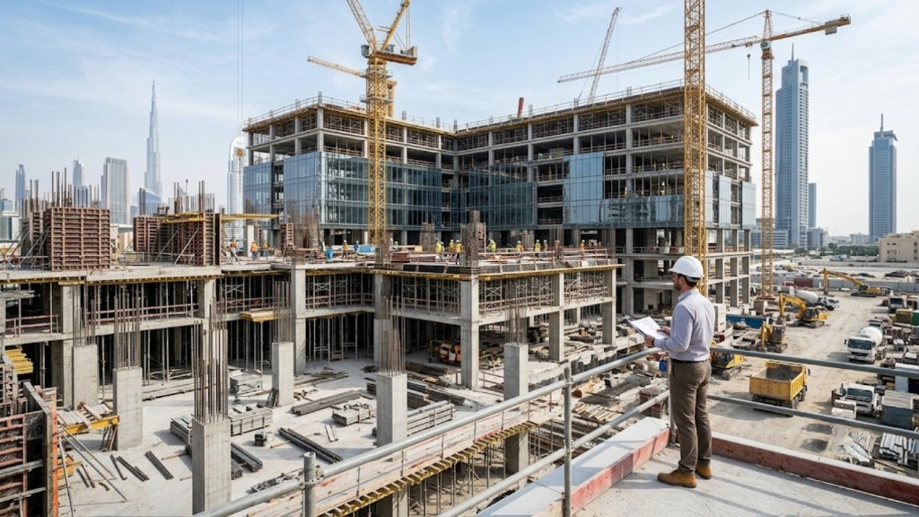 Multi-story construction site in Dubai with tower cranes and site management