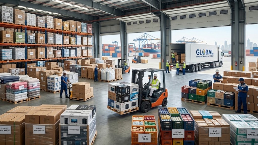 Dubai general trading warehouse with mixed merchandise, forklift operations, and port shipping beyond the loading bay