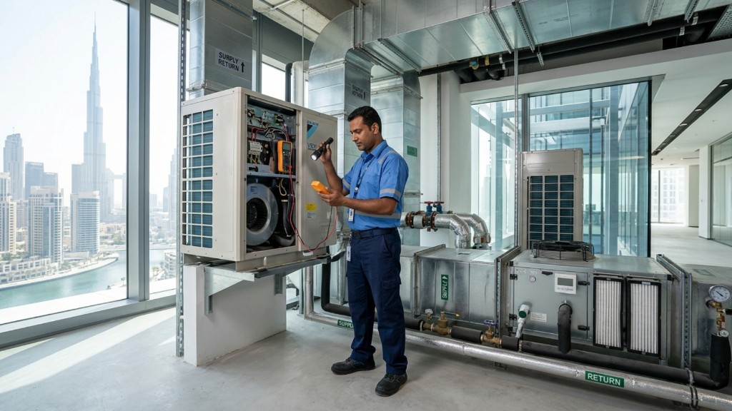 Technician servicing an HVAC unit in a Dubai high-rise mechanical room