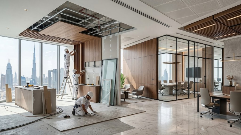Interior fit-out crew installing flooring and wall finishes in a Dubai office
