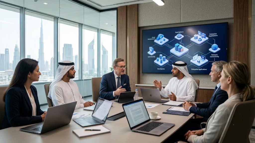 IT consultancy boardroom in Dubai reviewing cloud, cybersecurity, and enterprise systems architecture