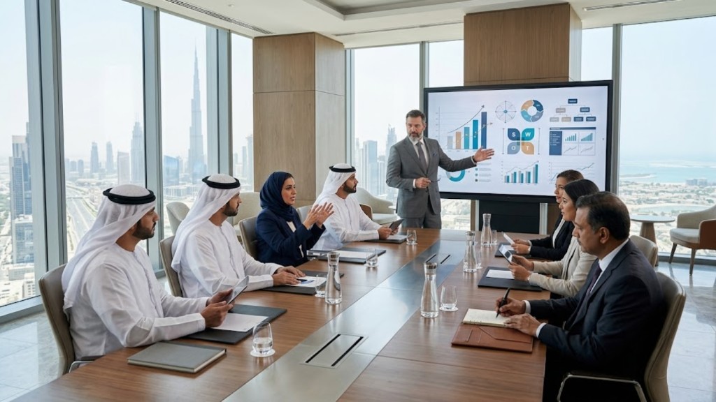 Management consultancy boardroom in Dubai presenting a SWOT analysis and growth charts