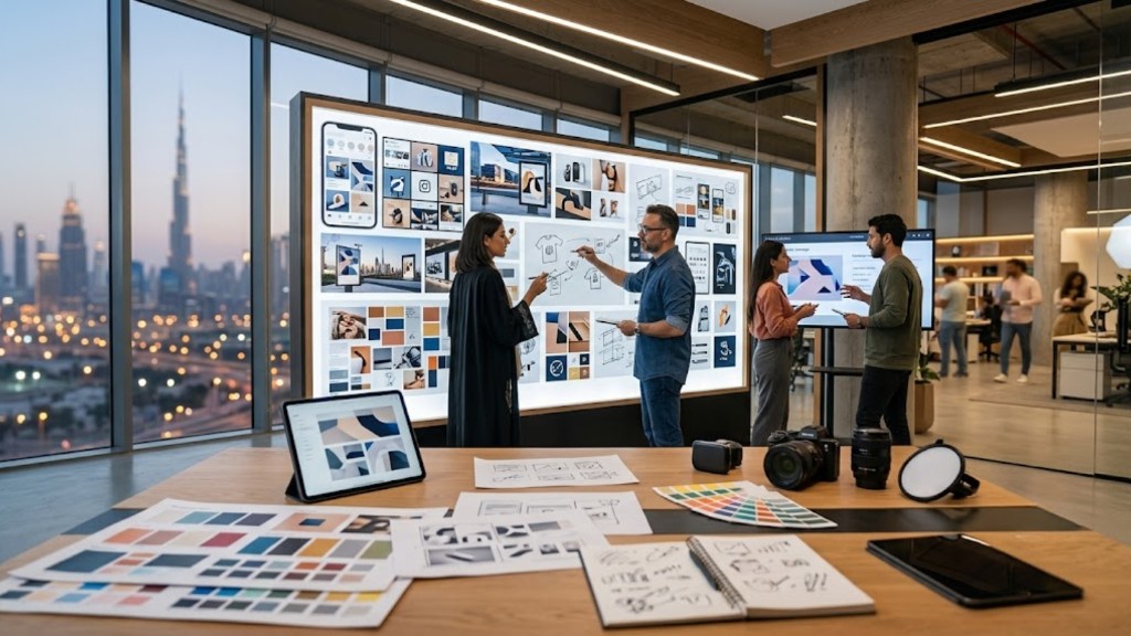 Advertising and marketing team reviewing campaign mood boards, social mockups, and brand layouts in a Dubai office