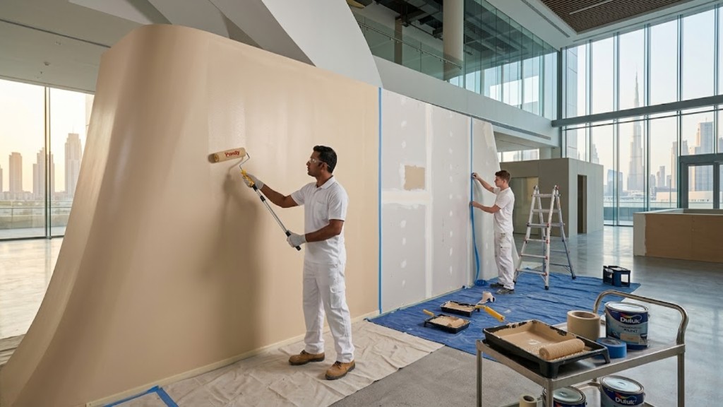 Professional painters applying finish coat in a Dubai commercial interior