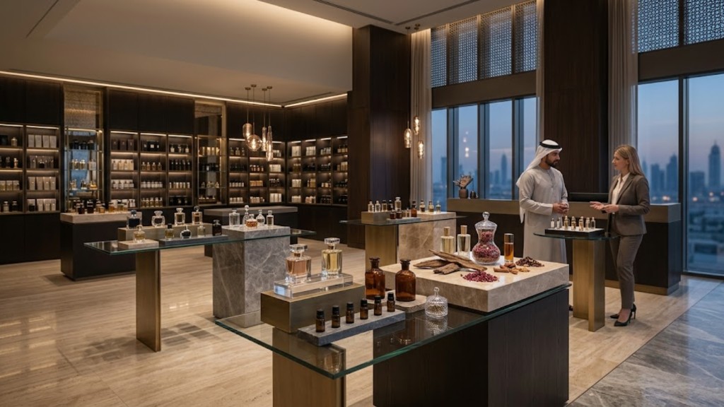 Luxury perfume boutique with fragrance bottles, oud displays, and a consultation over Dubai skyline views
