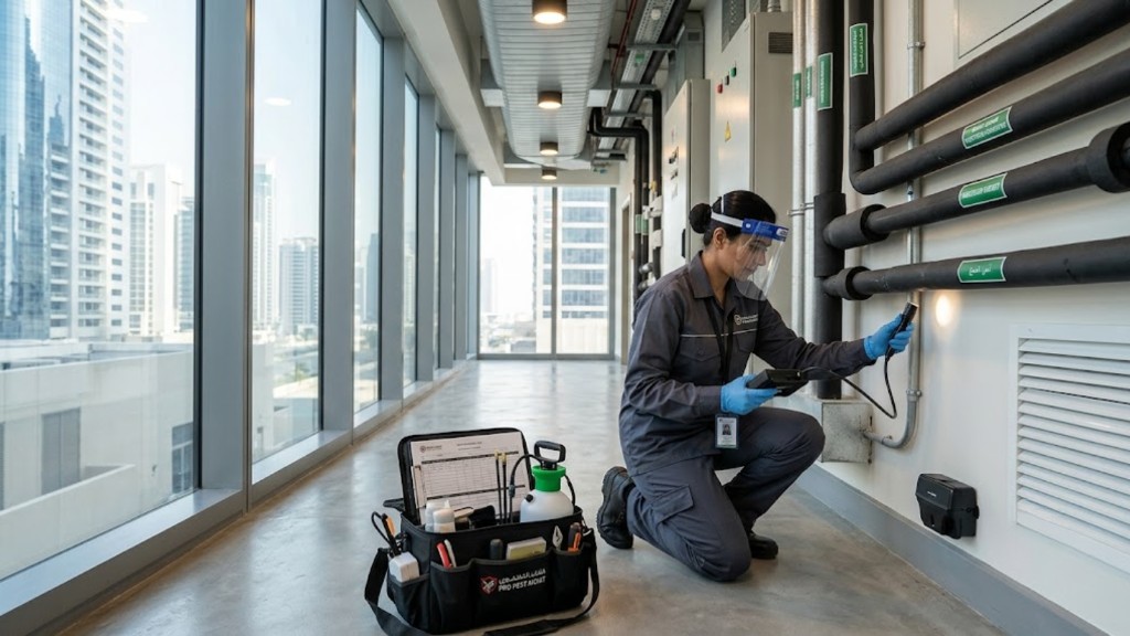 Pest control technician inspecting industrial piping in a commercial building