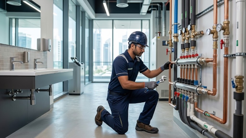 Plumber working on a copper pipe manifold in a commercial building
