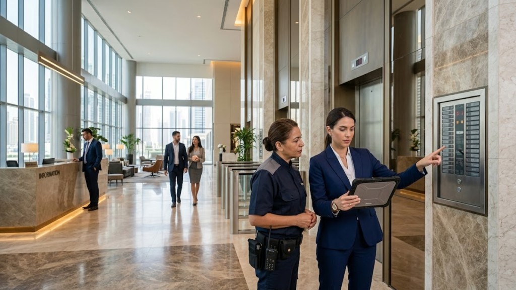 Property management staff reviewing building access controls with security in a corporate lobby