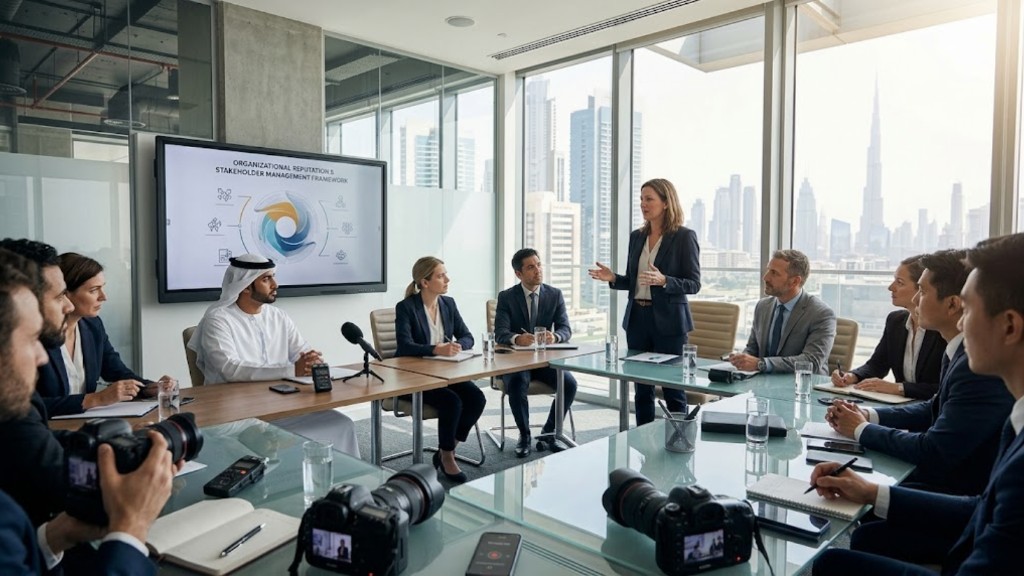 Public relations briefing on organisational reputation and stakeholder management with press cameras