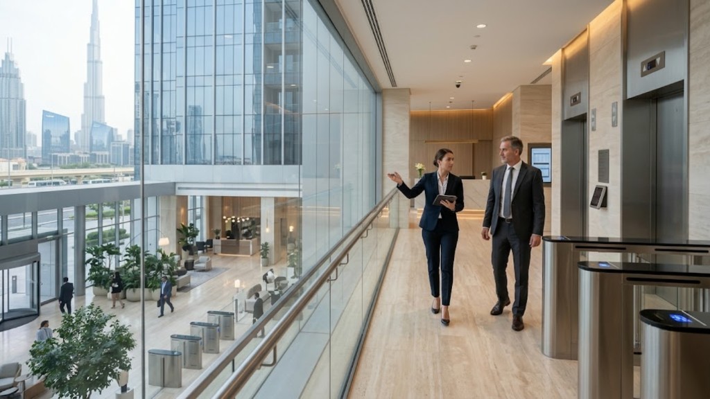 Real estate broker guiding a client through a Dubai tower lobby overlooking the Burj Khalifa