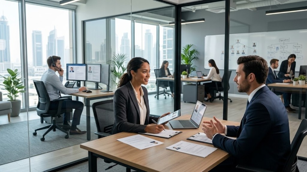 Recruitment interview with CVs and a tablet in a modern Dubai corporate office