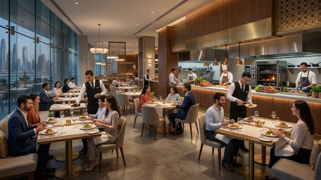 Busy fine-dining restaurant with open kitchen service and guests overlooking a city skyline