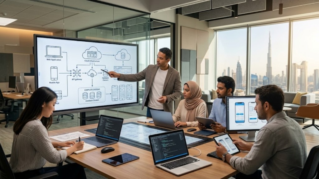 Software development team mapping web, mobile, API, and cloud architecture on a Dubai office display