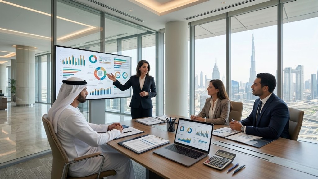 Tax consultancy presentation with financial charts and documents overlooking the Dubai skyline
