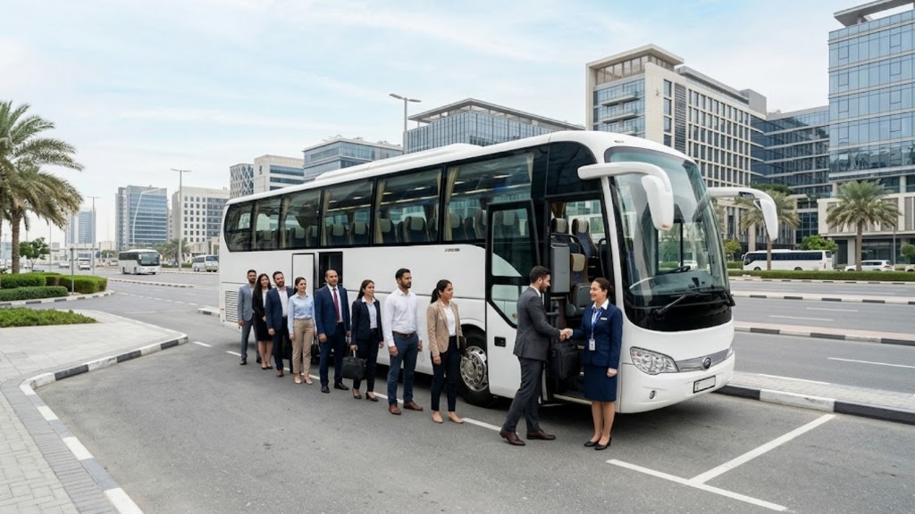 Business travellers boarding a white coach bus for passenger transport in a Dubai business district