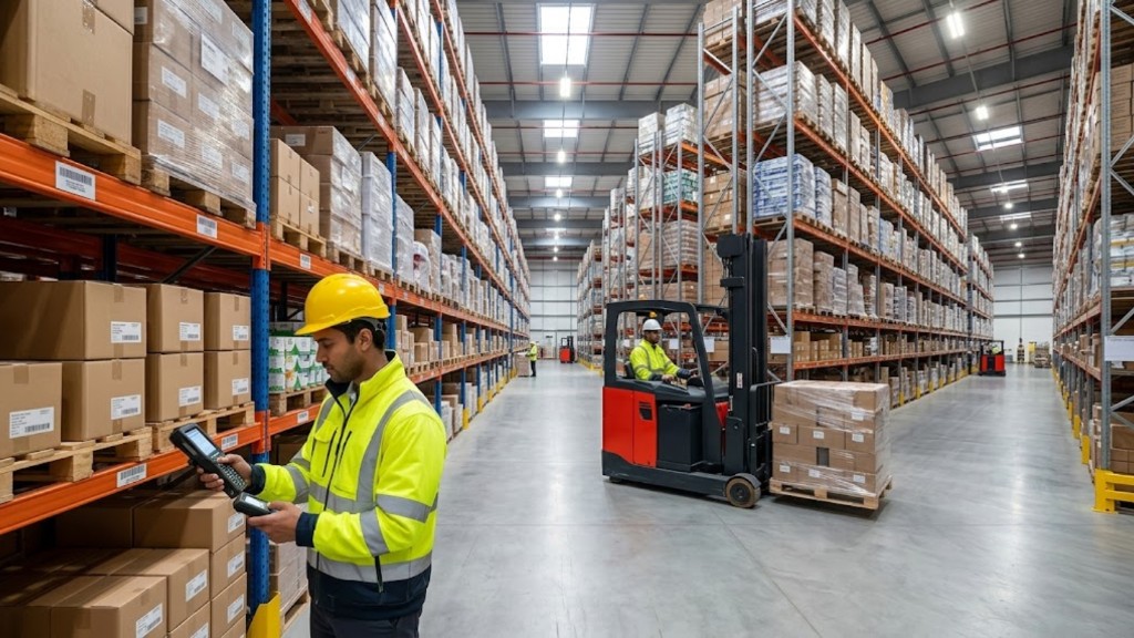 Warehouse aisle with barcode scanning and a forklift moving palletised inventory