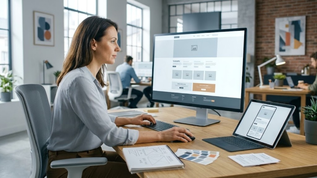 Web designer reviewing desktop and mobile website wireframes at a modern office workstation